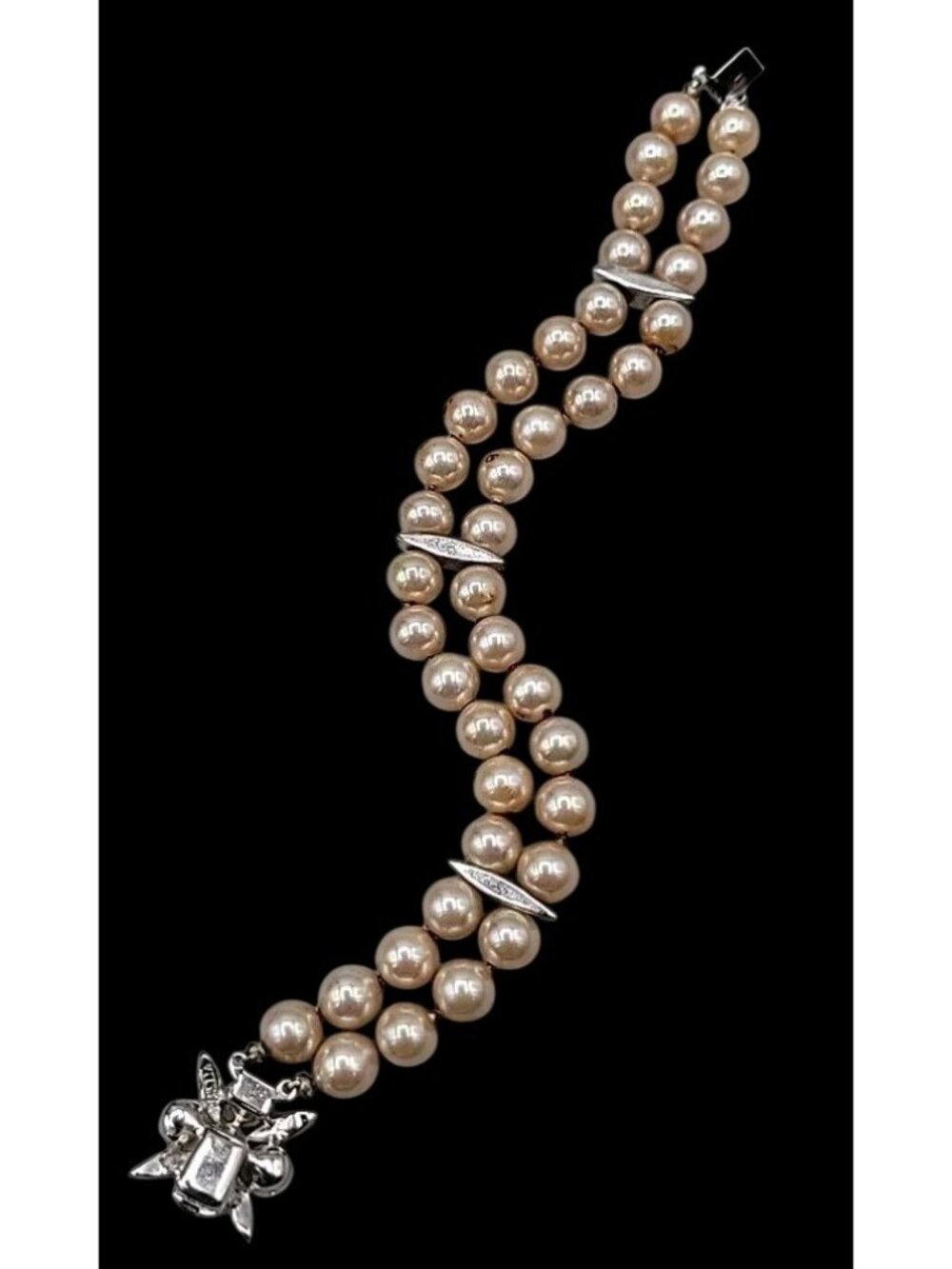 Vintage Panetta Double Strand Champagne Faux Pearl Bracelet Rhinestone Clasp - Picture 12 of 16